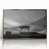 Mid-century modernist art of a church in muted gold and blue tones on acrylic, ideal for nursery wall art.