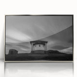 Art Deco style poster of a church, in muted silver and gray tones, framed in acrylic, suitable for modern nursery decor.