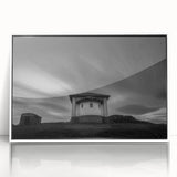 Mid-century modernist church design in muted colors on a large framed acrylic print, suitable for nursery wall decor.