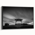 Black and white vintage poster art of a church landscape on framed canvas, ideal for bedroom wall decor.