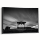 Black and white vintage poster art of a church landscape on framed canvas, ideal for bedroom wall decor.