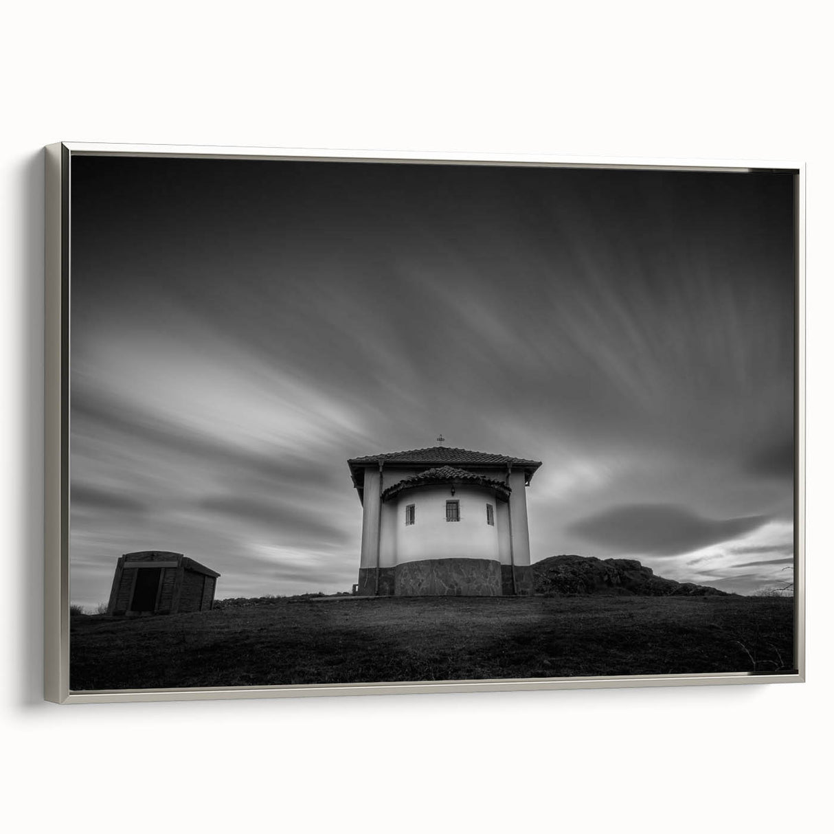 Vintage poster art of a church on extra large framed canvas, featuring black and colorful art.