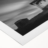 Art deco poster of a detailed church design in muted gold and blue tones on rolled canvas.