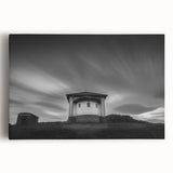 Large black and white photo of a church on stretched canvas, suitable for kitchen wall art.