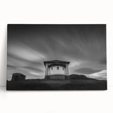 Black and white photo of a large church on stretched canvas, ideal for kitchen wall art or bedroom decor.