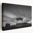 Side view of a stretched canvas featuring a minimalist church design in muted gray tones, ideal for kitchen wall art.