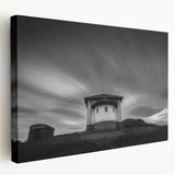 Side view of a stretched canvas featuring a minimalist church design in muted gray tones, ideal for kitchen wall art.