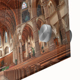 Large abstract wall art on acrylic, featuring mid-century modernist church designs in muted colors.