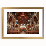 Textured abstract art print of a church, using muted gold and white tones on a framed canvas, ideal for bedroom art.