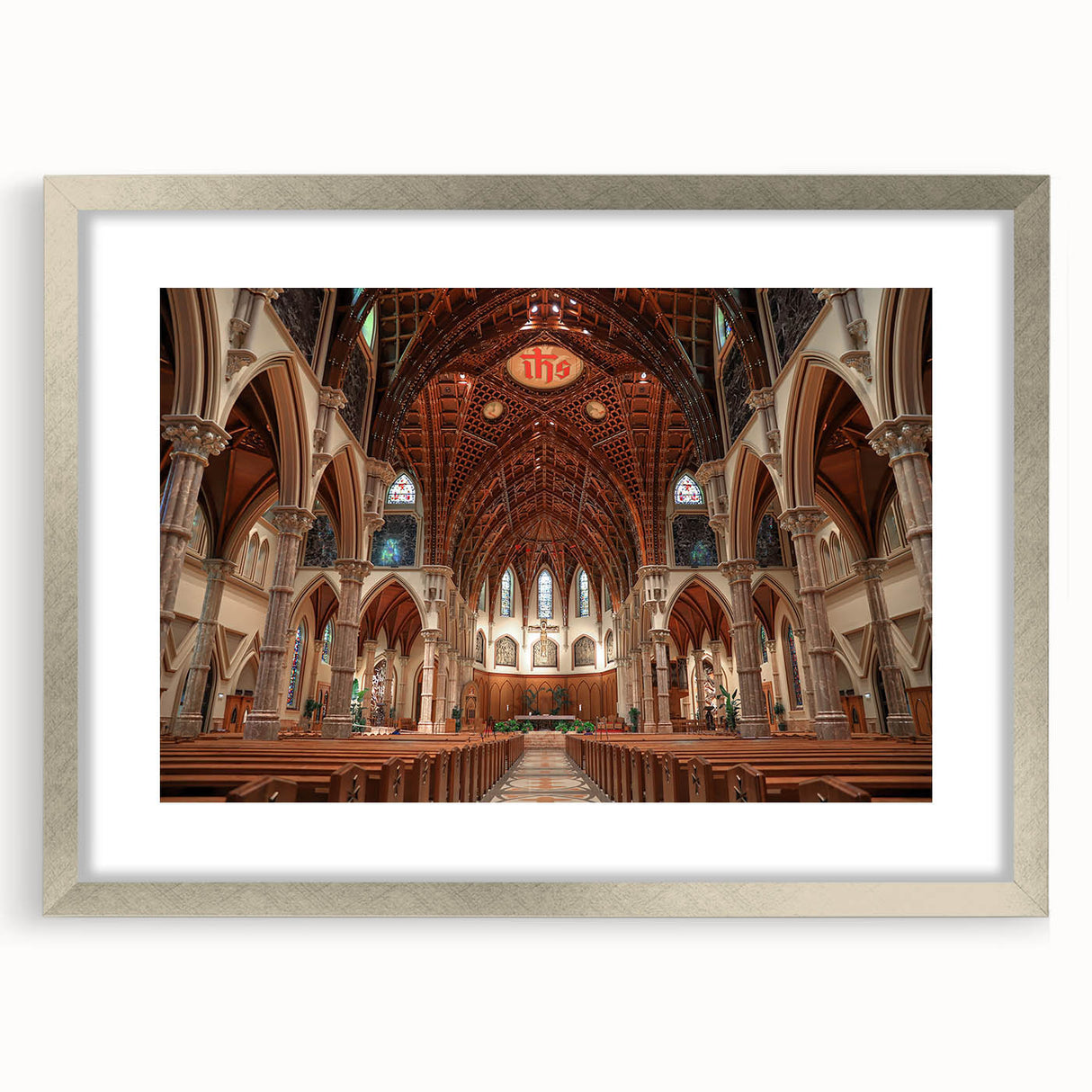 Abstract art print of a church in muted silver and gray tones on a framed canvas, suitable for dining room decor.