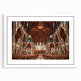 Extra large abstract art print featuring textured church design in muted earth tones on a white framed canvas.