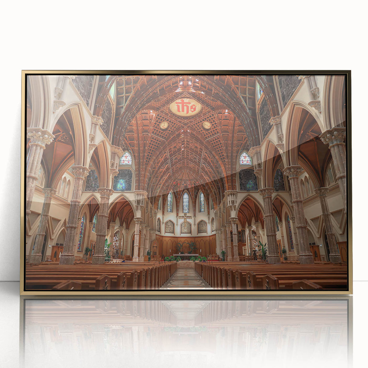 Mid-century modernist art depicting a church, in muted gold tones on acrylic, ideal for nursery wall decor.