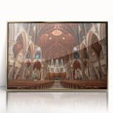 Mid-century modernist art depicting a church, in muted gold tones on acrylic, ideal for nursery wall decor.