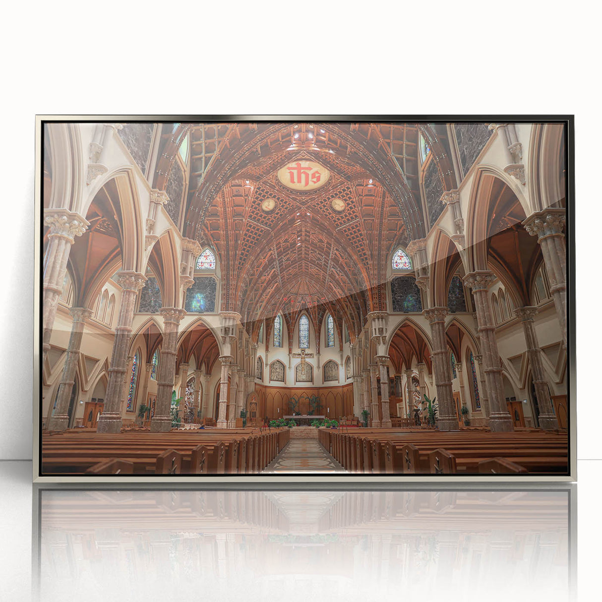 Art deco poster of a church in muted silver and gray tones on framed acrylic, suitable for modern nursery wall decor.