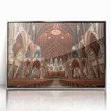 Art deco poster of a church in muted silver and gray tones on framed acrylic, suitable for modern nursery wall decor.