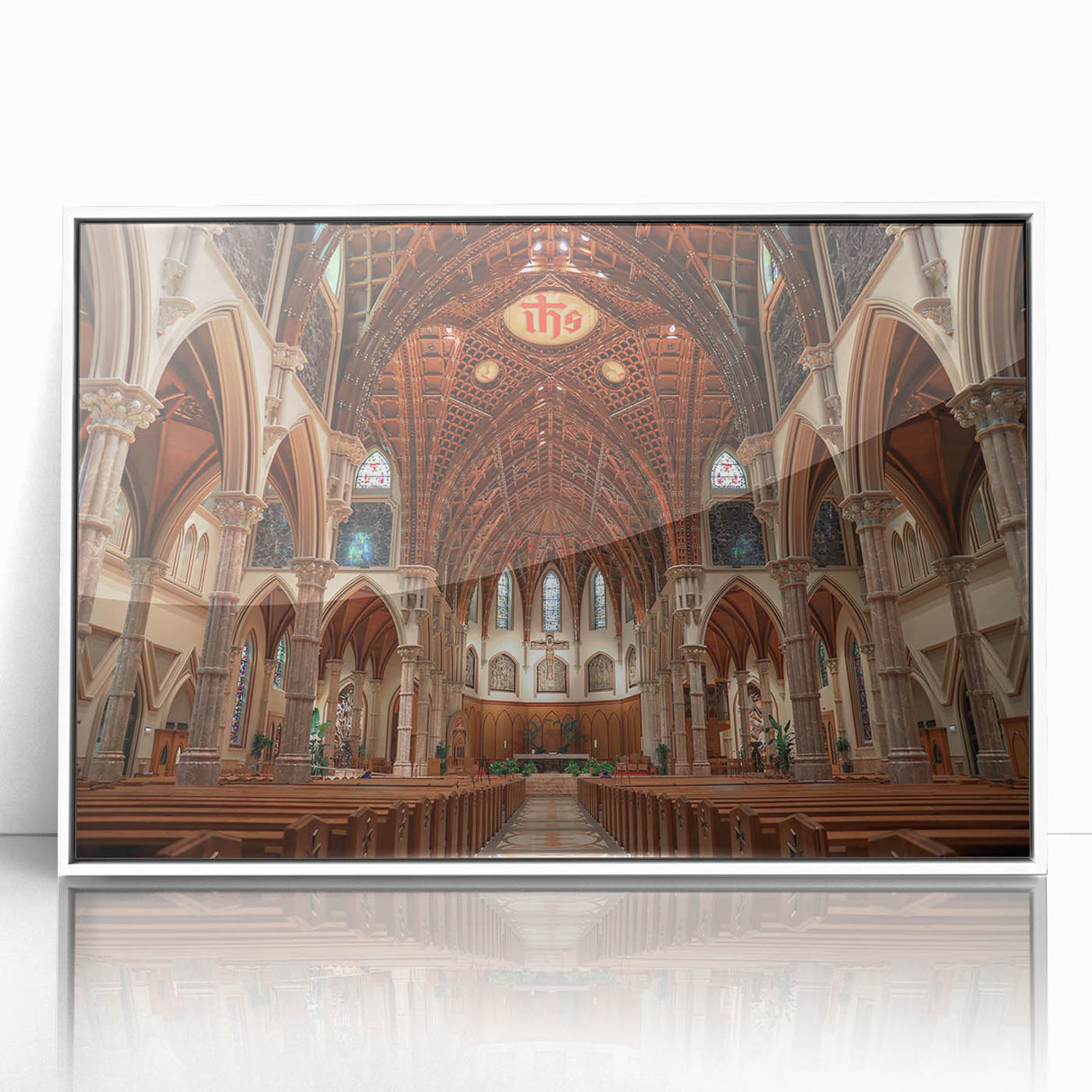 Large acrylic print of a mid-century modernist church in muted colors, ideal for modern art wall decor.