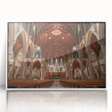 Large acrylic print of a mid-century modernist church in muted colors, ideal for modern art wall decor.