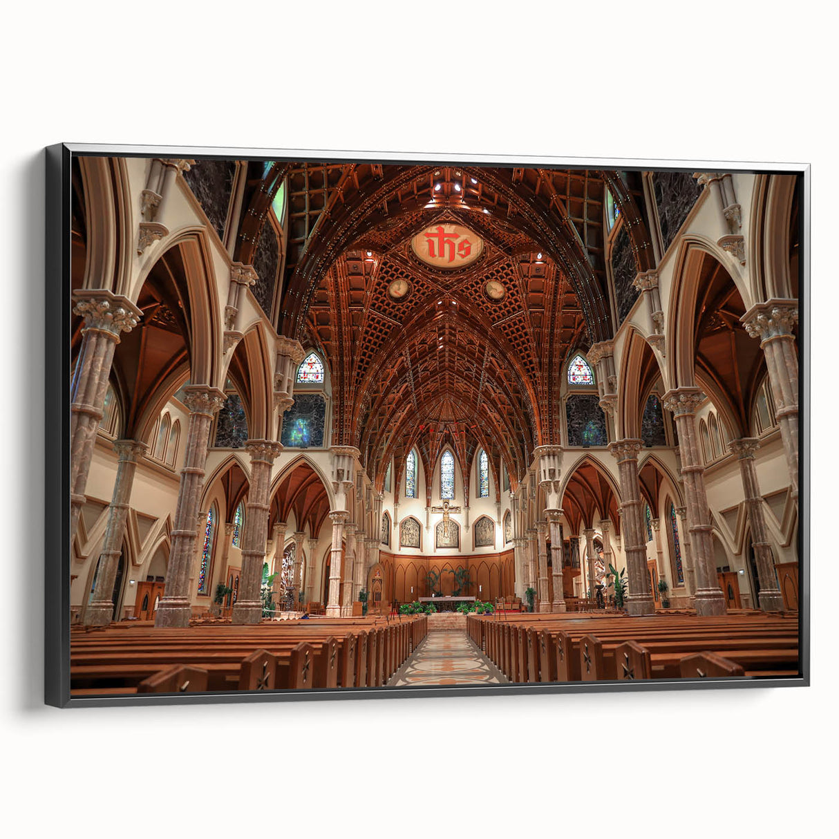 Black and white vintage poster art of a church landscape on framed canvas, ideal for bedroom wall decor.