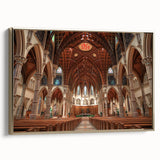 Framed canvas landscape art painting featuring a vintage-style church in muted gold and black tones.