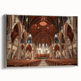 Vintage poster art of a church in pastel shades on a large framed canvas, ideal for living room decor.