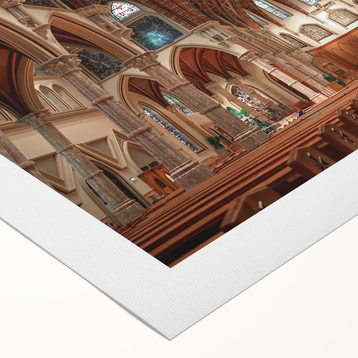 Art deco poster of a church, in muted gray and blue tones on rolled canvas, suitable for dining room wall art.