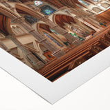 Art deco poster of a church, in muted gray and blue tones on rolled canvas, suitable for dining room wall art.