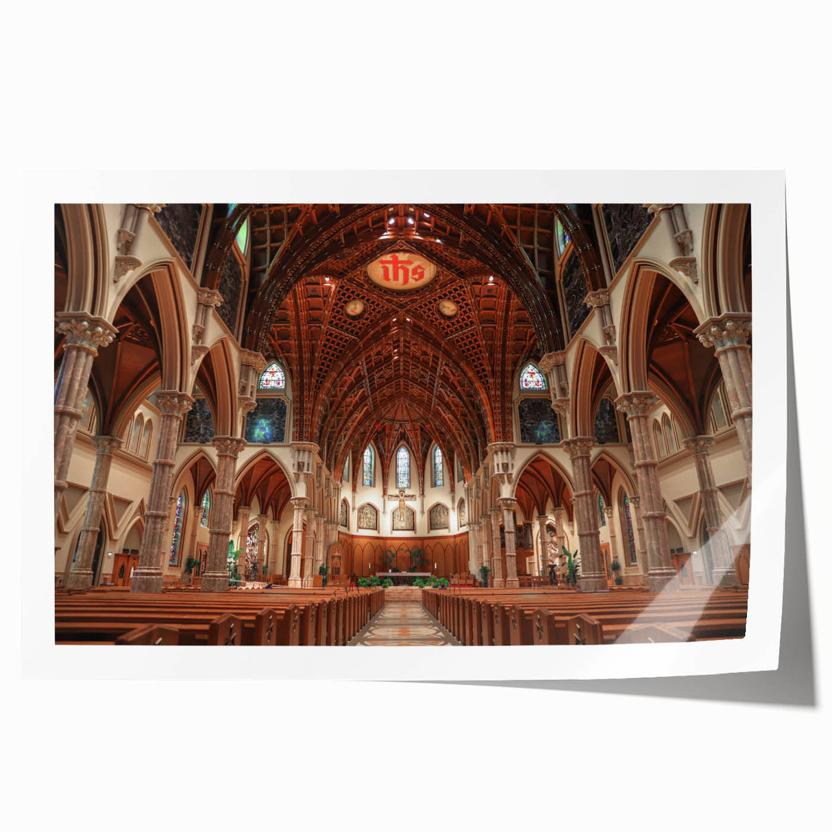 Extra large rolled print of a floral church design in muted pastel shades, suitable for dining room or bathroom.