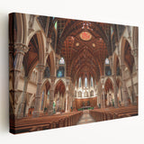 Side view of a large stretched canvas depicting a church design in muted earth tones, suitable for kitchen wall art.