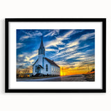 Extra large abstract art print featuring a colorful, textured depiction of a church, framed in black.