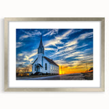Abstract art print of a church in muted silver and gray tones on a framed poster, suitable for dining room decor.