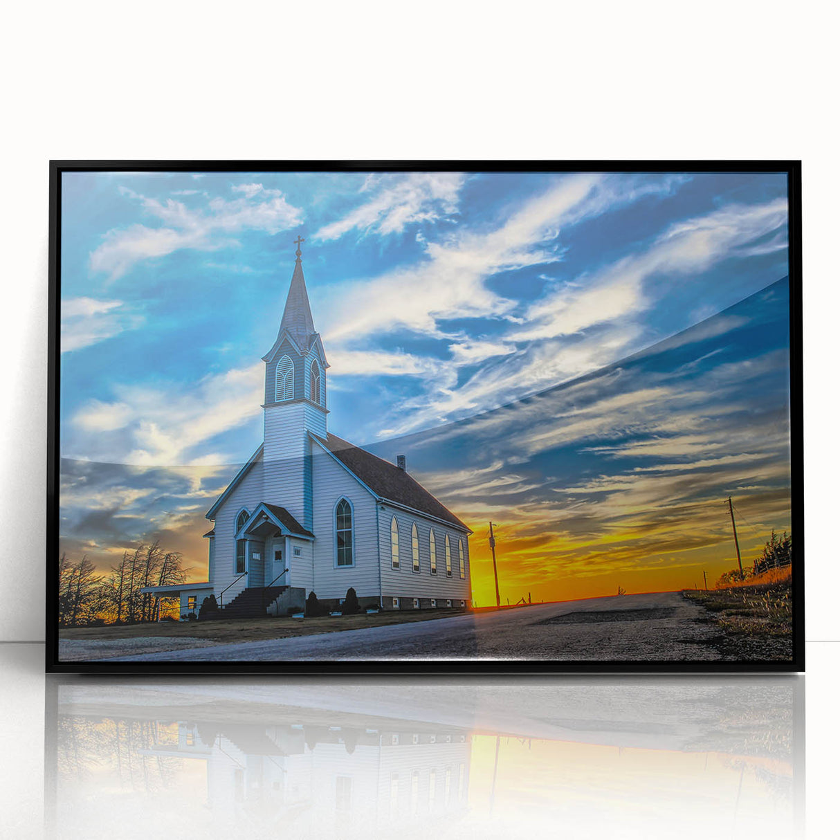 Large abstract wall art featuring a mid-century modernist church design in muted gray and black tones on a framed acrylic…