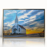 Mid-century modernist church design in gold and white tones, acrylic framed poster, suitable for nursery wall art.