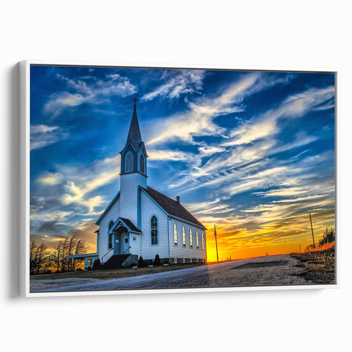 Framed canvas featuring a vintage poster art of a black and white church landscape, ideal for bedroom wall decor.