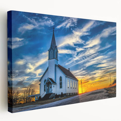 Large canvas print featuring a detailed church design in muted earth tones, ideal for kitchen wall art.