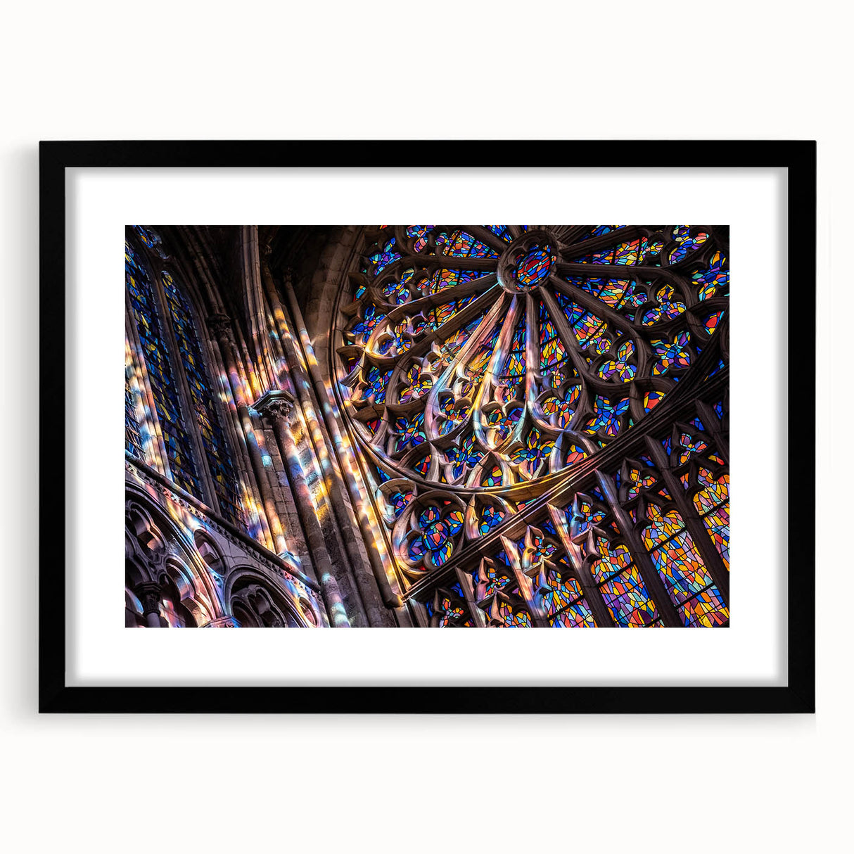 Extra large abstract art print of a colorful, textured church design on a black framed canvas, ideal for living room decor.