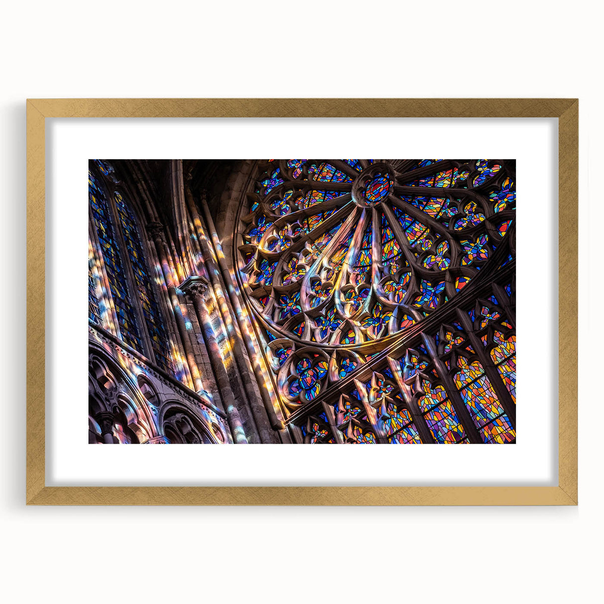 Textured abstract art print of a church in gold tones on a framed canvas, ideal for bedroom art.