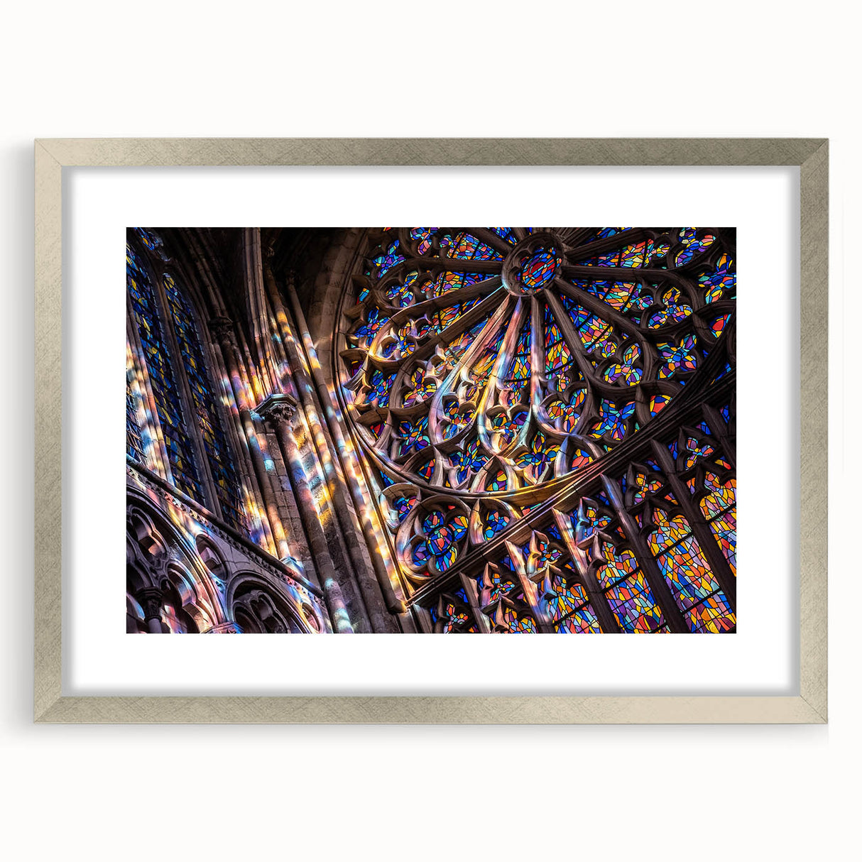 Abstract art print of a church in muted gray and silver tones, framed in silver, suitable for dining room decor.
