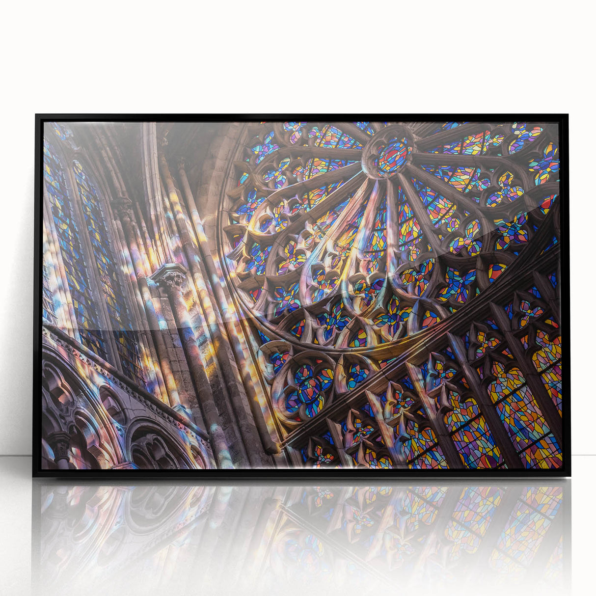 Large abstract wall art featuring a mid-century modernist church design in black and white tones on framed acrylic.