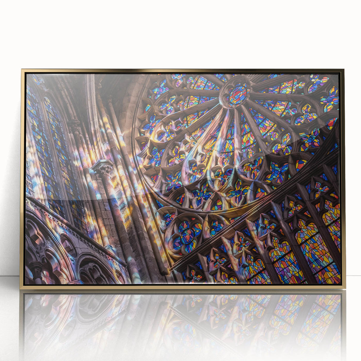 Mid-century modernist art depicting a church in muted gold tones on a framed acrylic, ideal for nursery wall decor.
