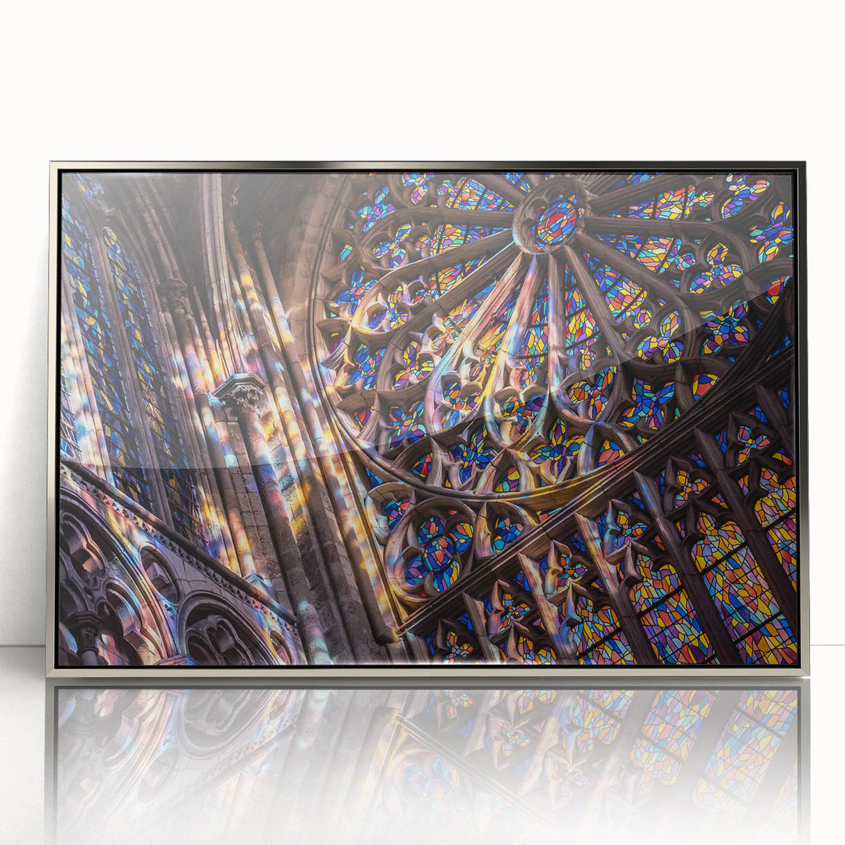 Art deco poster of a church in muted silver and gray tones on framed acrylic, suitable for modern nursery wall decor.