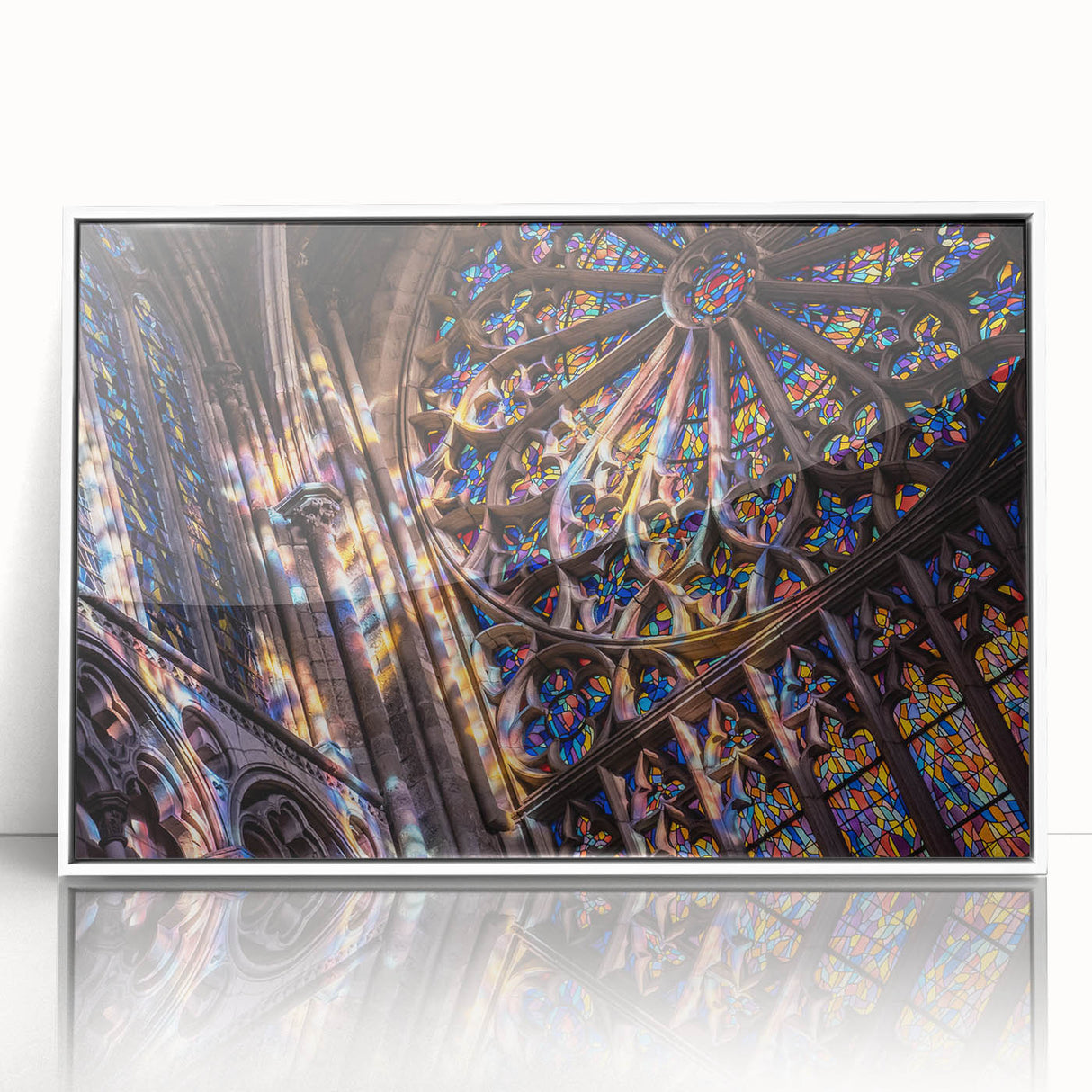 Mid-century modernist church design in neutral tones on a large framed acrylic, ideal for nursery wall decor.