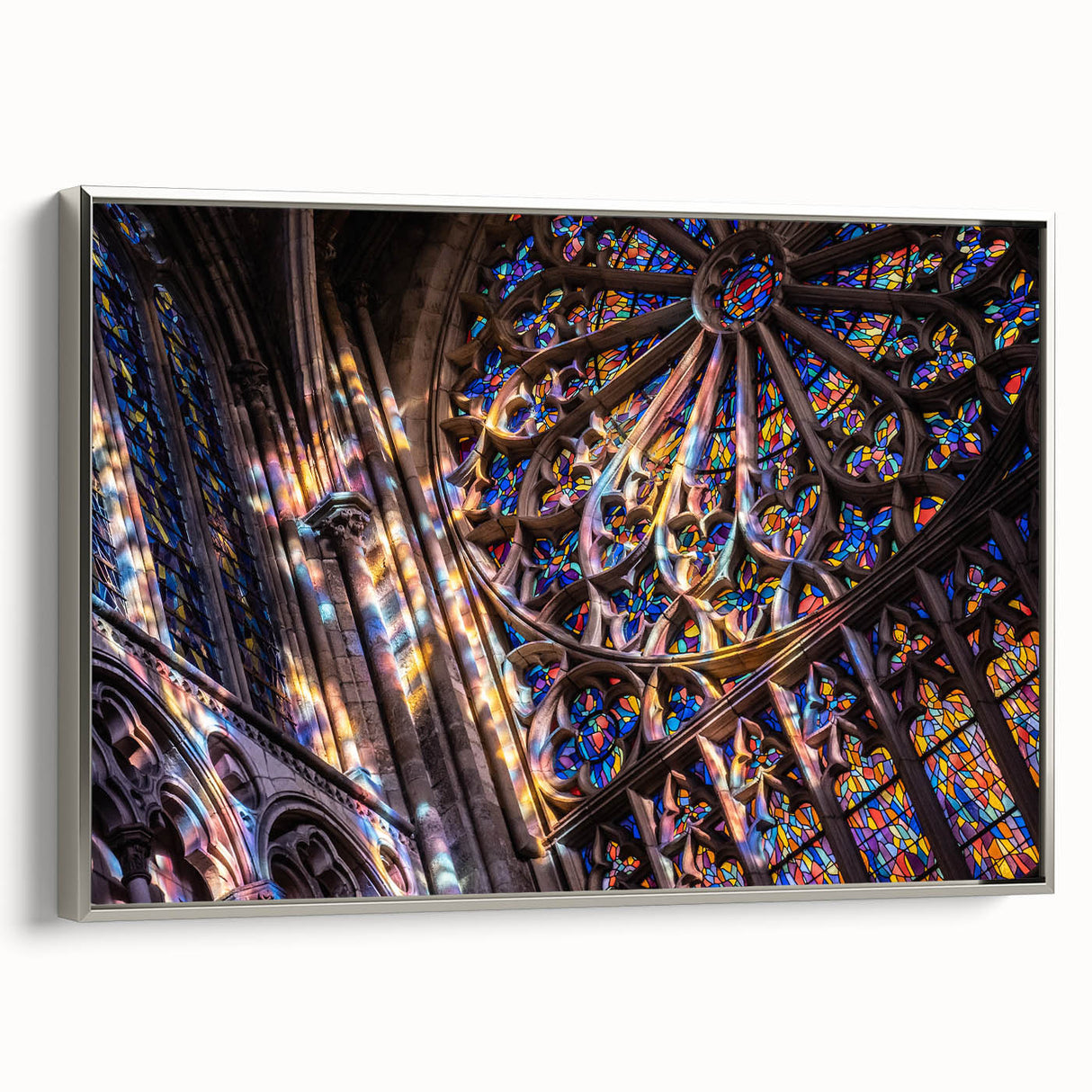 Vintage poster art of a church in muted colors, framed canvas, suitable for extra large living room wall.