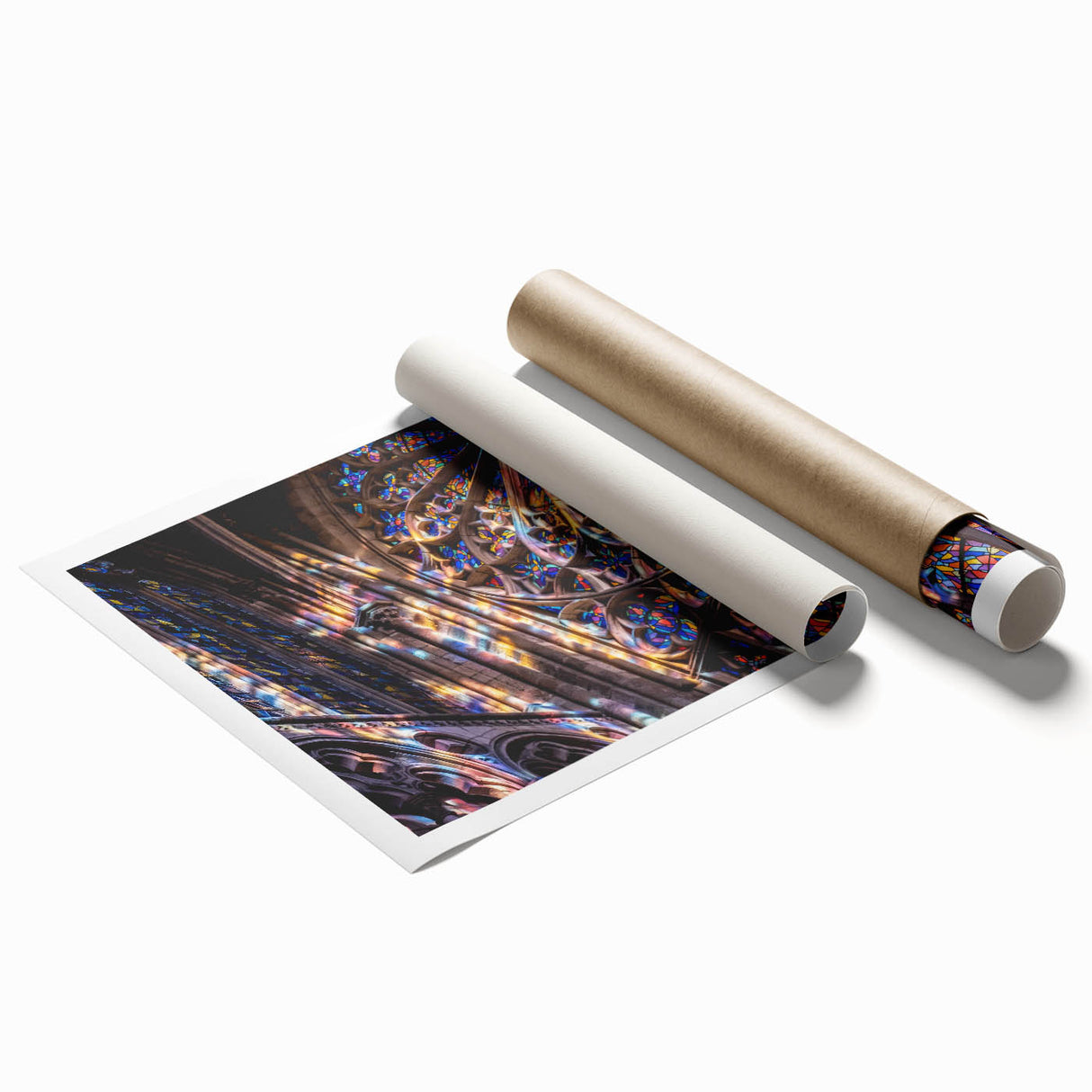 Extra large rolled print of a floral art design in muted pastel shades.