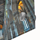 Large abstract wall art featuring a mid-century modernist church design in muted gray tones on acrylic glass.