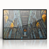 Large abstract wall art featuring geometric shapes in muted beige and brown tones, framed in black acrylic.