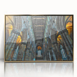 Mid-century modernist acrylic print of a geometric church design in gold tones, ideal for nursery wall art.