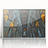 Mid-century modernist church design on a large acrylic print with soft pastel colors, suitable for modern art wall decor.