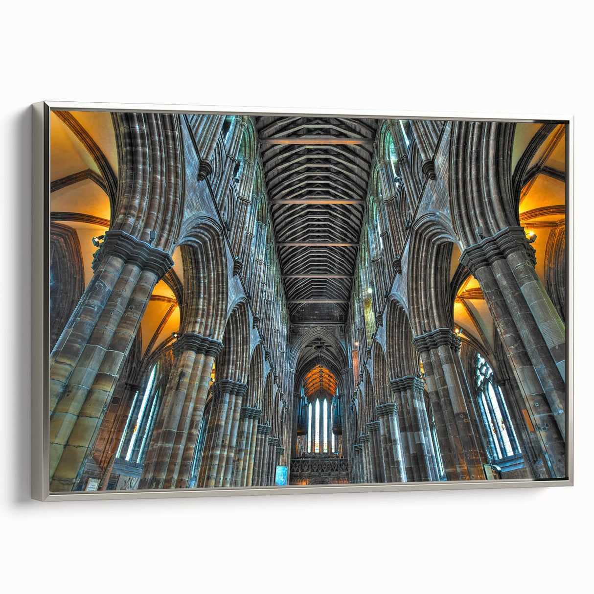 Vintage poster art of a church, rendered in muted black and colorful accents on a large framed canvas.