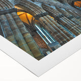 Art deco poster of a stylized church in muted gold and blue tones on rolled canvas, suitable for dining room decor.