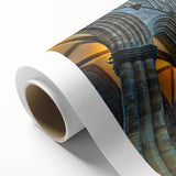 Art Deco style poster featuring a geometric church design in muted beige and cream tones on rolled canvas.